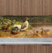 Tile mural with wild ducks, ducklings and pondside countryside scenery